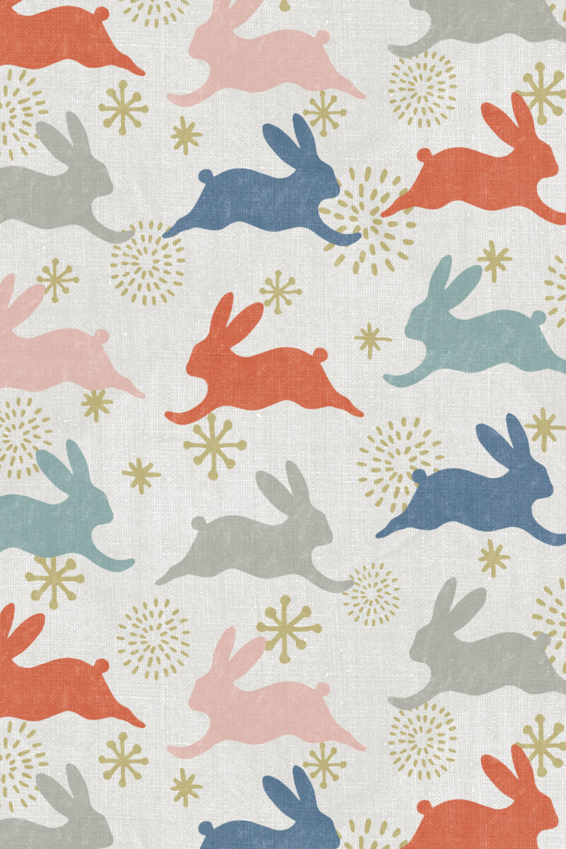 pattern design with rabbits running over fireworks and ornaments