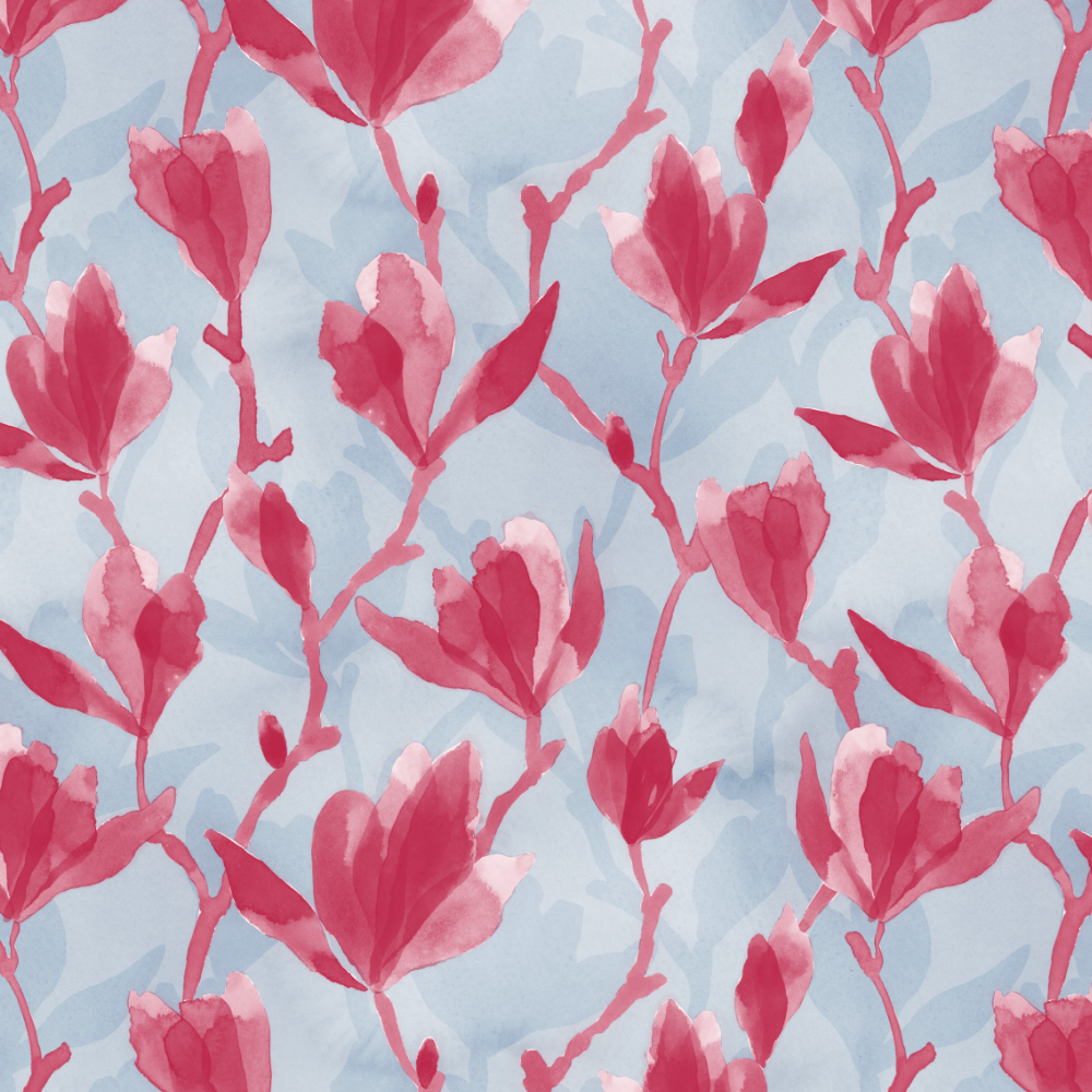 red magnolia flowers and trees on light blue